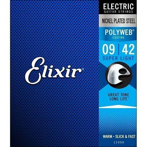 Elixir 12000 Polyweb (9-42) Комплект струн для электрогитары, Super Light, никелированная сталь.