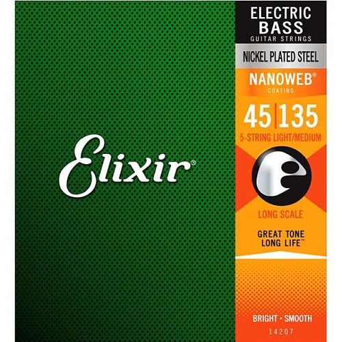 Elixir 14207 Nanoweb (45-135) Комплект струн для 5-струнной бас-гитары, 45-135.