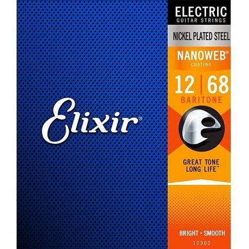 Elixir 12302 Nanoweb (12-68) Комплект струн для электрогитары, NanoWeb Baritone, (12-68).